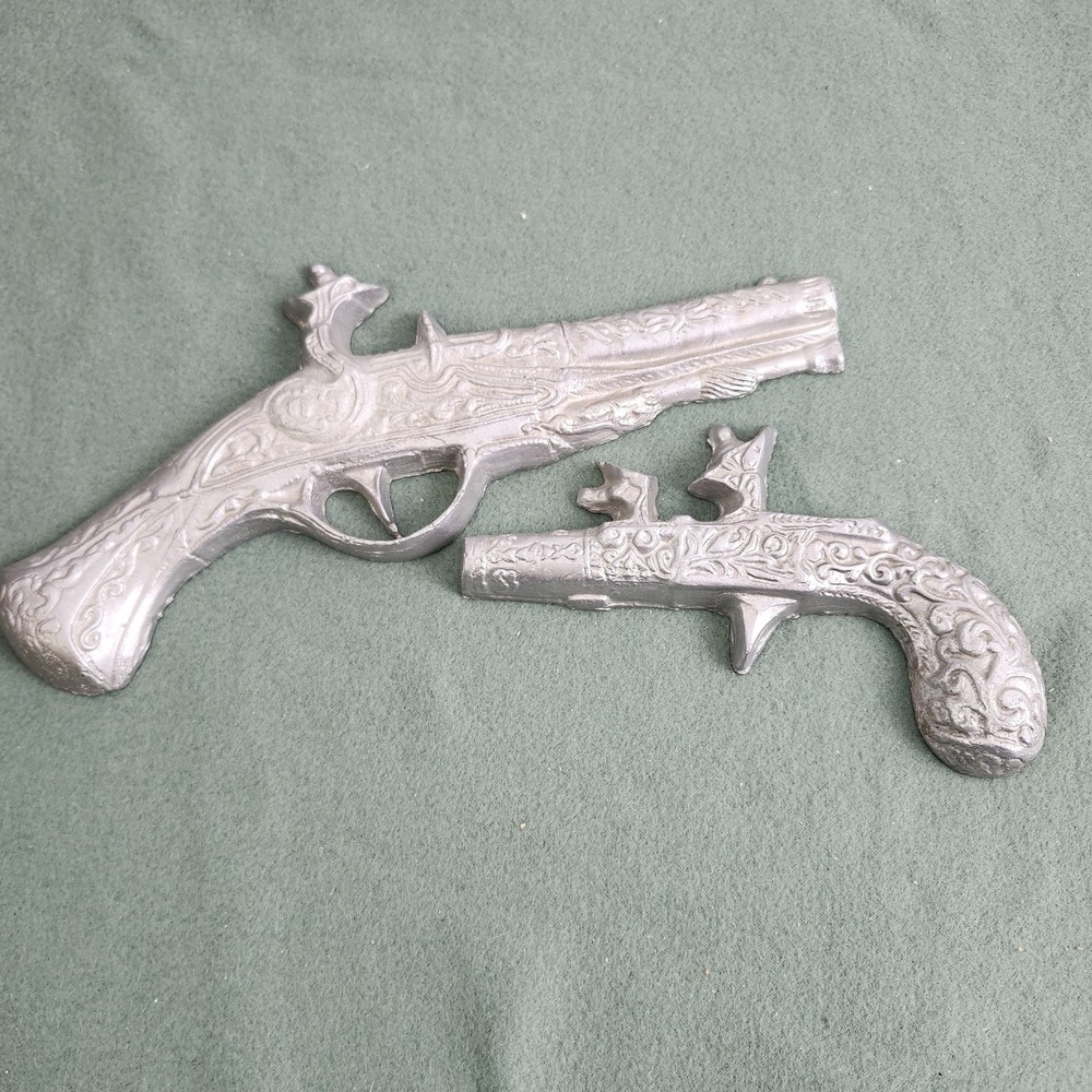 Vintage Silver Color Flintlock Pistol Guns Wall Decor Metal Set of Two